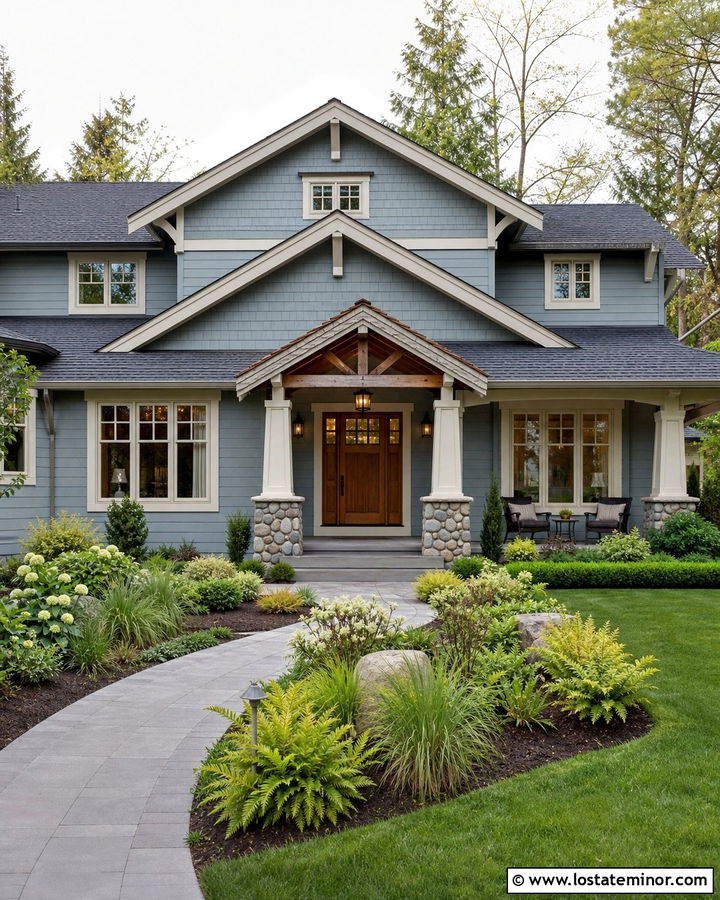 Dusty Blue House With Craftsman Bracket Awning - 30 Dusty Blue House Design With Awning Ideas