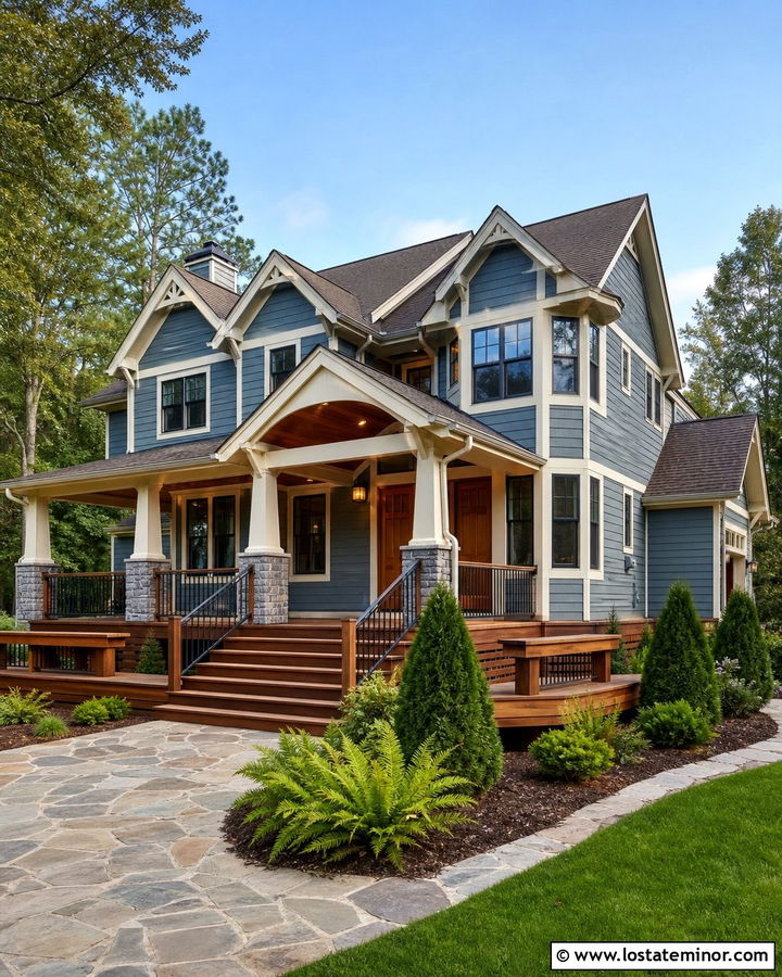 Dusty Blue House With Craftsman Deck - 30 Dusty Blue House Design With Deck Ideas