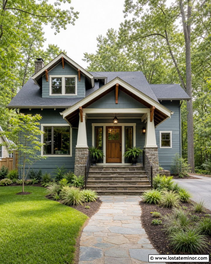 Dusty Blue House With Craftsman Stone Steps - 30 Dusty Blue House Design With Steps Ideas