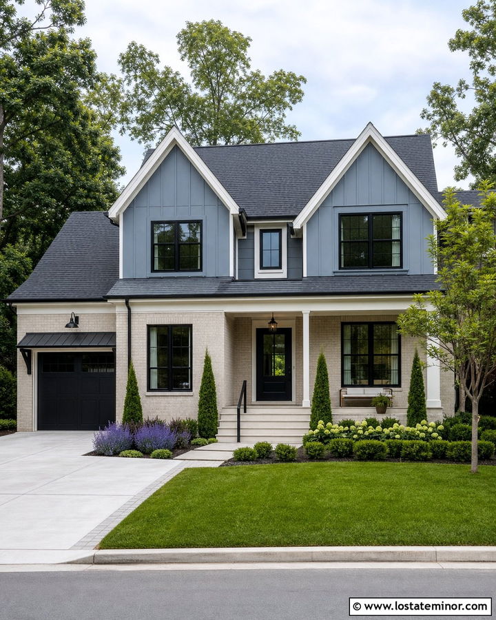 Dusty Blue House With Cream Brick - 30 Dusty Blue House Design With Brick Accents Ideas