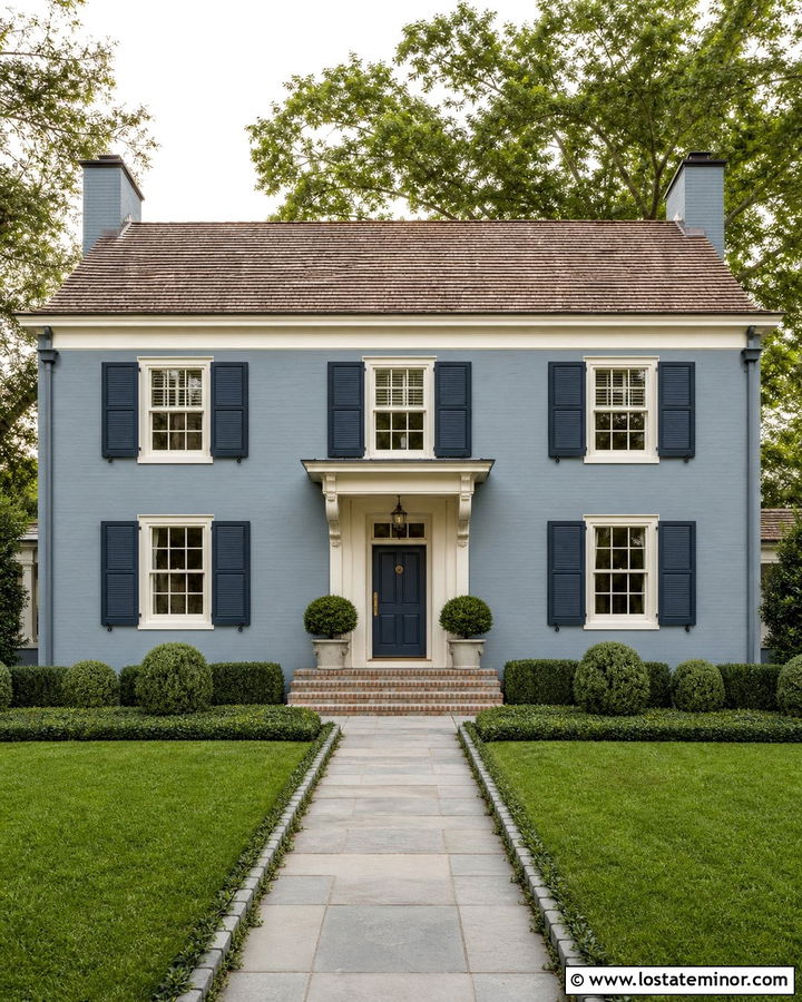 Dusty Blue House With Cream Door Awning - 30 Dusty Blue House Design With Awning Ideas
