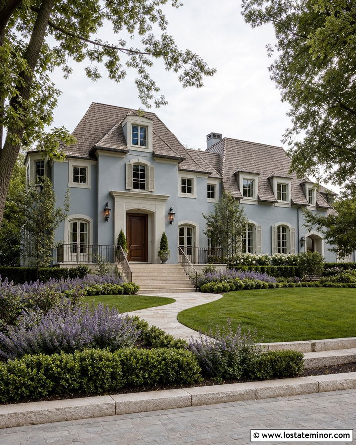 Dusty Blue House With Cream Limestone Steps - 30 Dusty Blue House Design With Steps Ideas