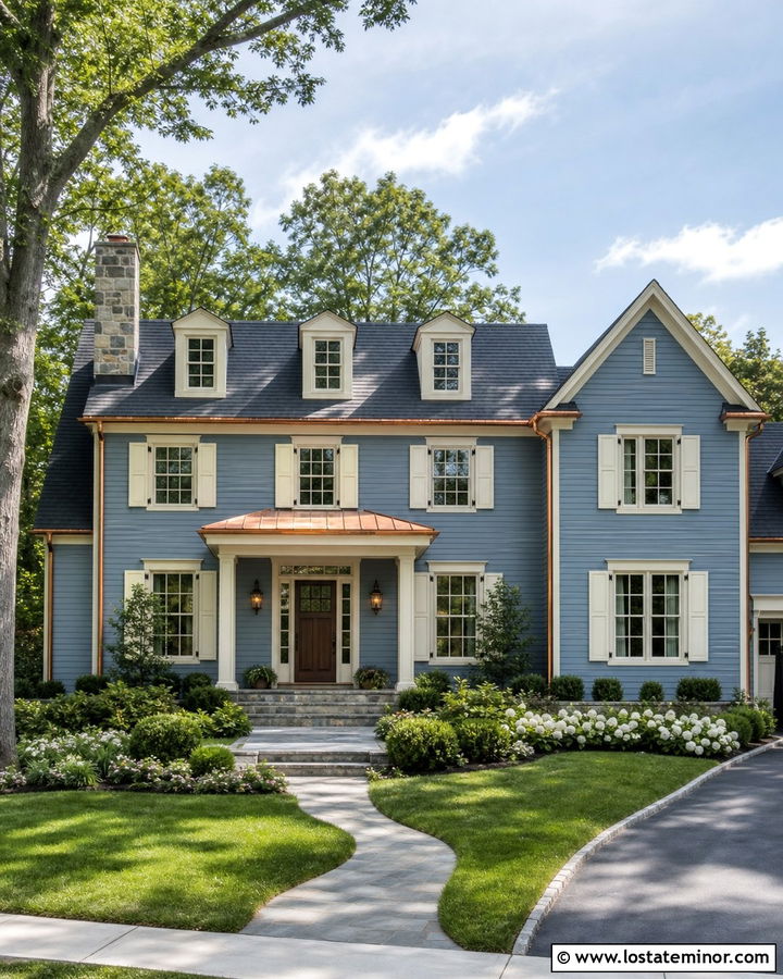 Dusty Blue House With Cream Shutters And Copper Accents - 30 Dusty Blue House Design With Shutters Ideas