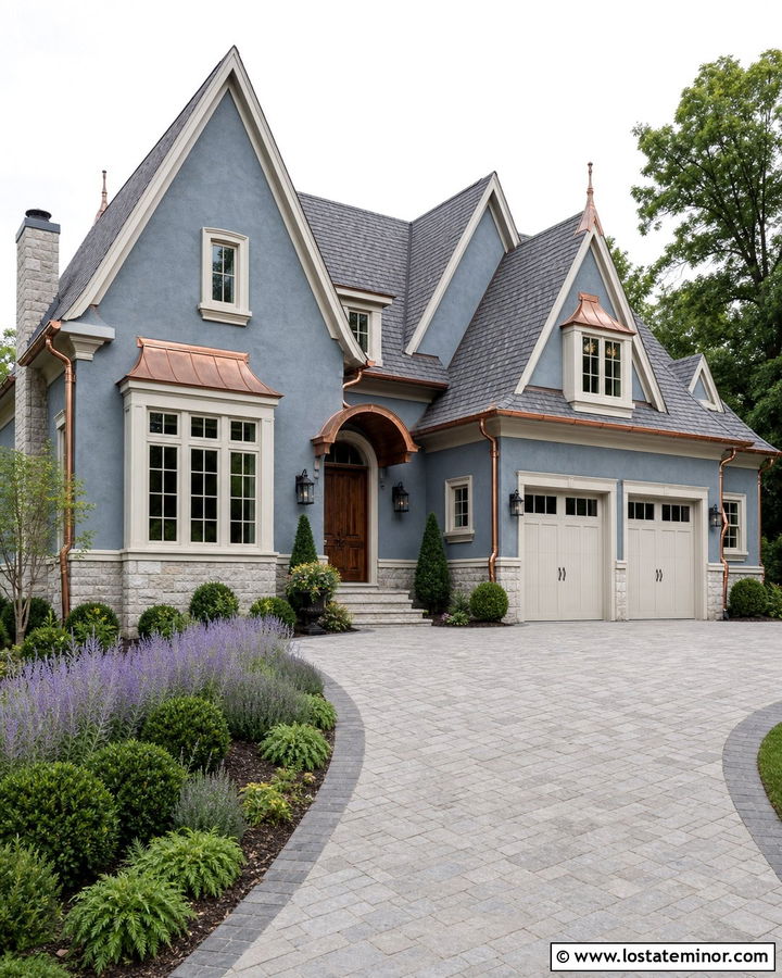 Dusty Blue House With Cream Trim And Copper Accents - 30 Dusty Blue House Design With Trim Ideas