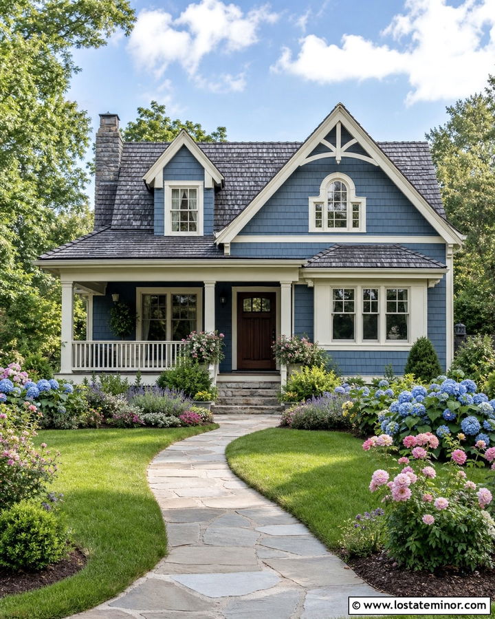 Dusty Blue House With Cream Trim And Cottage Lawn - 30 Dusty Blue House Design With Front Yard Ideas