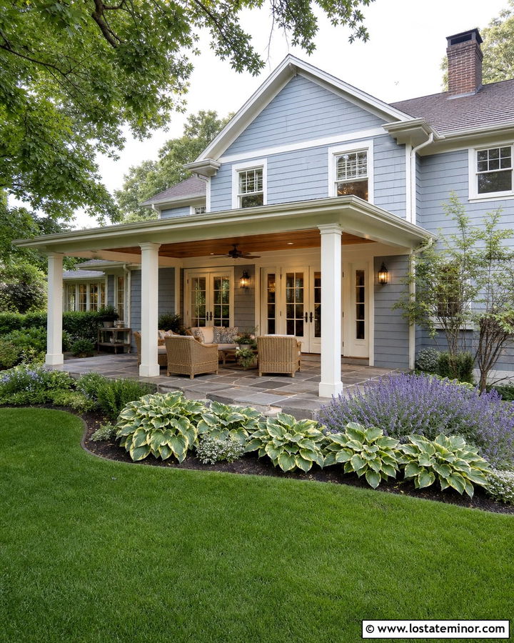 Dusty Blue House With Cream Trim And Covered Porch - 30 Dusty Blue House Design With Backyard Ideas