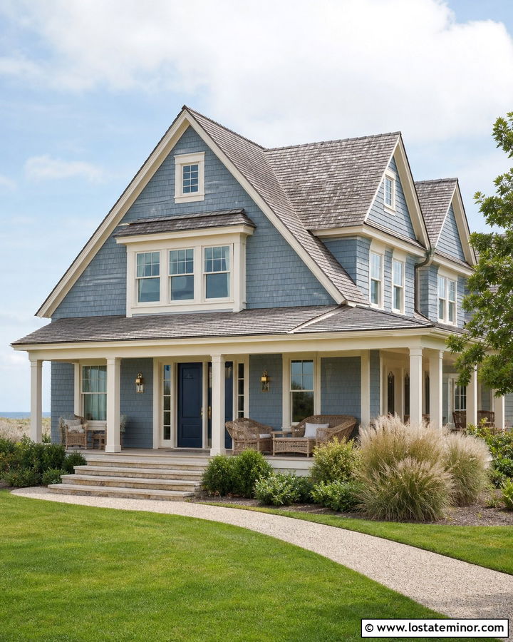 Dusty Blue House With Cream Trim And Navy Door - 30 Dusty Blue House Design With Trim Ideas