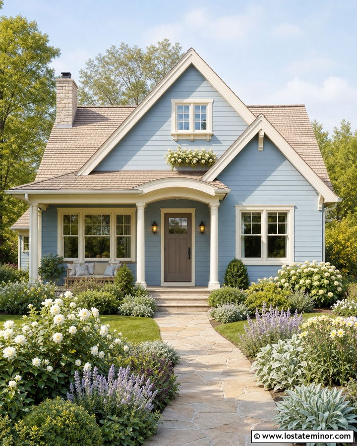 Dusty Blue House With Cream Trim - 30 Dusty Blue House Design With Landscaping Ideas