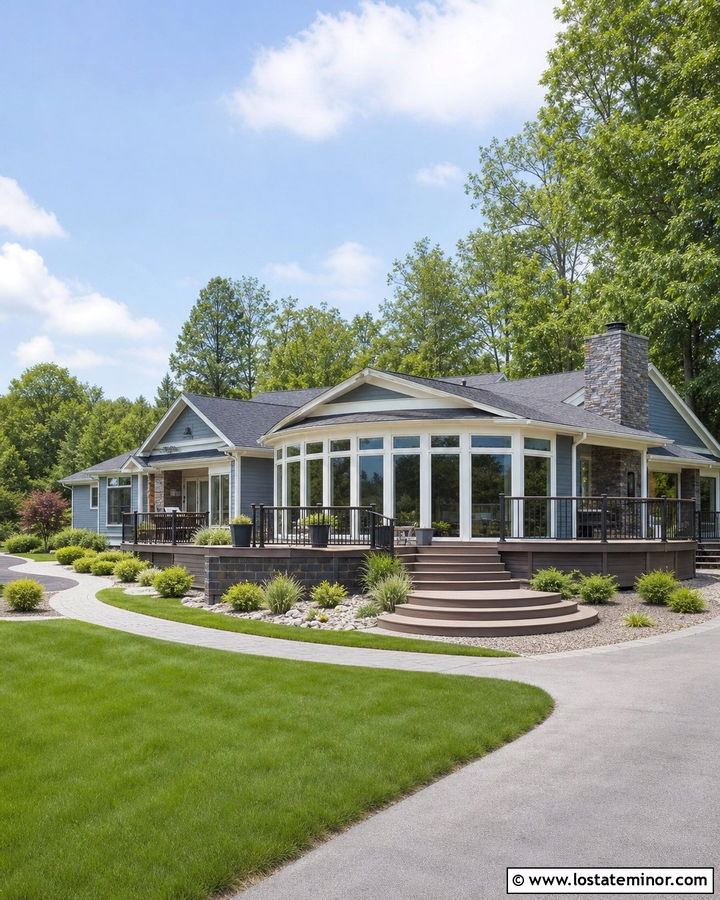 Dusty Blue House With Curved Deck - 30 Dusty Blue House Design With Deck Ideas