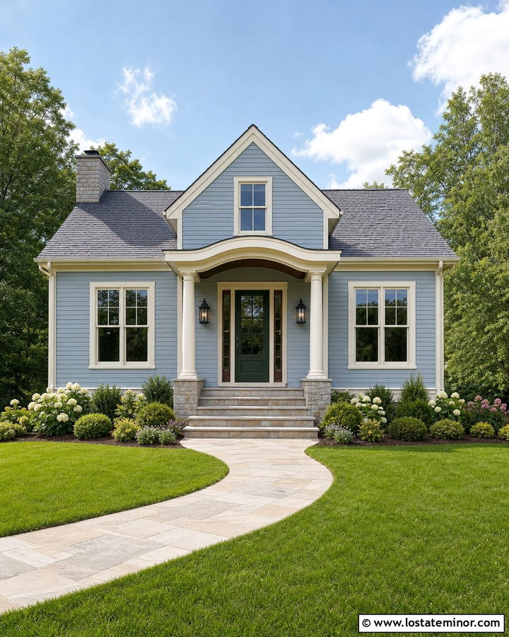 Dusty Blue House With Curved Portico - 30 Dusty Blue House Design With Portico Ideas