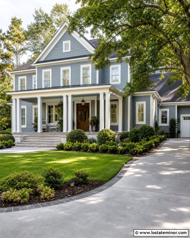 Dusty Blue House With Curved Side Entry Driveway - 30 Dusty Blue House Design With Driveway Ideas