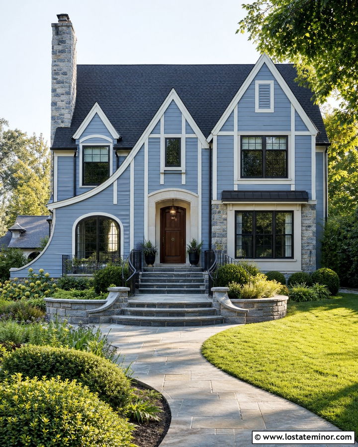 Dusty Blue House With Curved Stone Steps - 30 Dusty Blue House Design With Steps Ideas