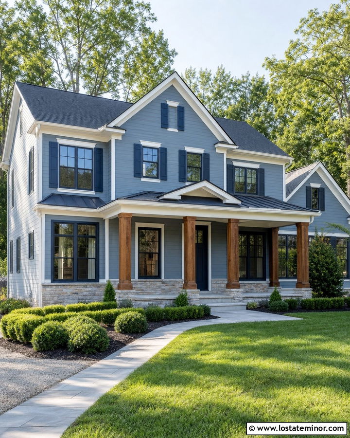 Dusty Blue House With Dark Blue Window Frames - 30 Dusty Blue House Design With Window Frames Ideas