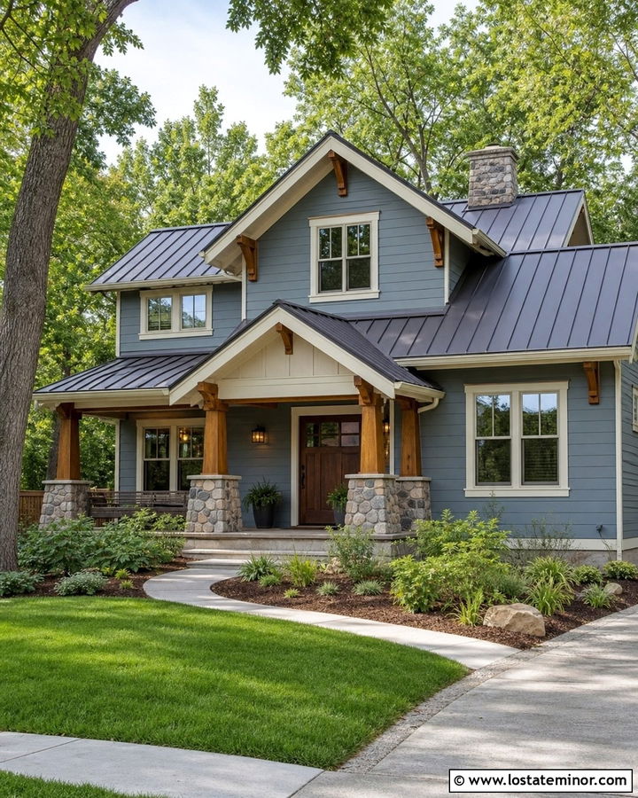Dusty Blue House With Dark Bronze Metal Roof - 30 Dusty Blue House Design With Roof Ideas
