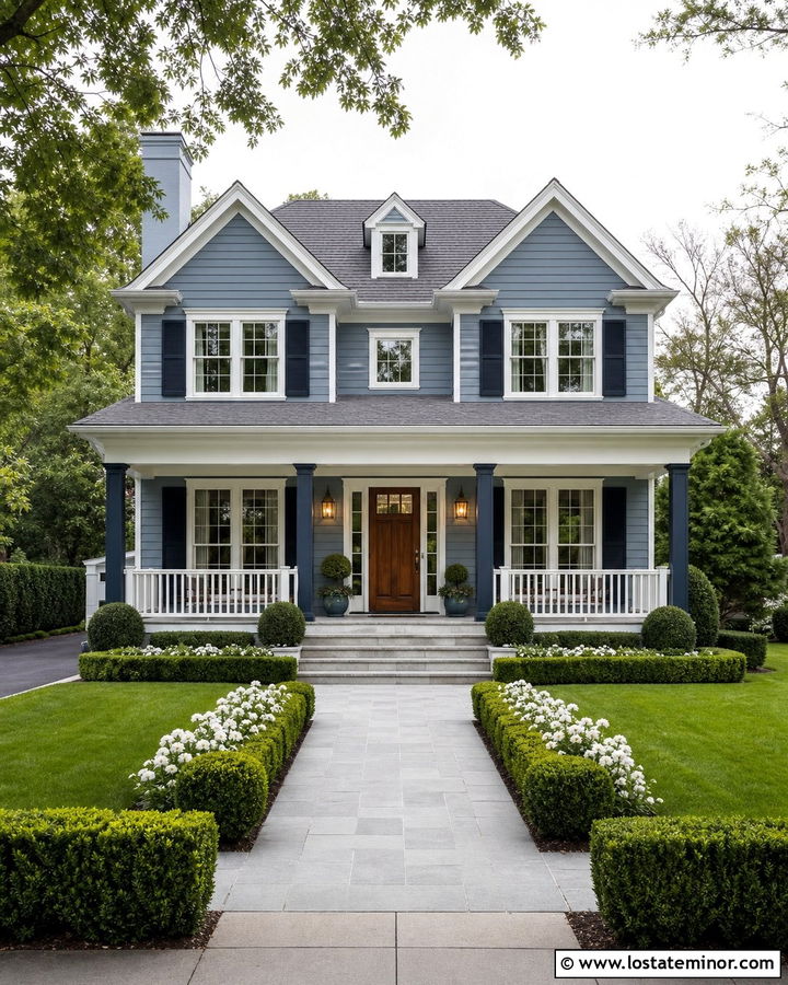 Dusty Blue House With Dark Navy Porch Columns - 30 Dusty Blue House Design With Porch Columns Ideas