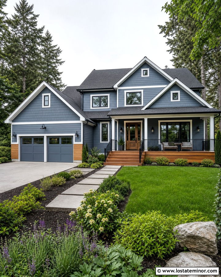 Dusty Blue House With Deck And Matching Garage - 30 Dusty Blue House Design With Deck Ideas