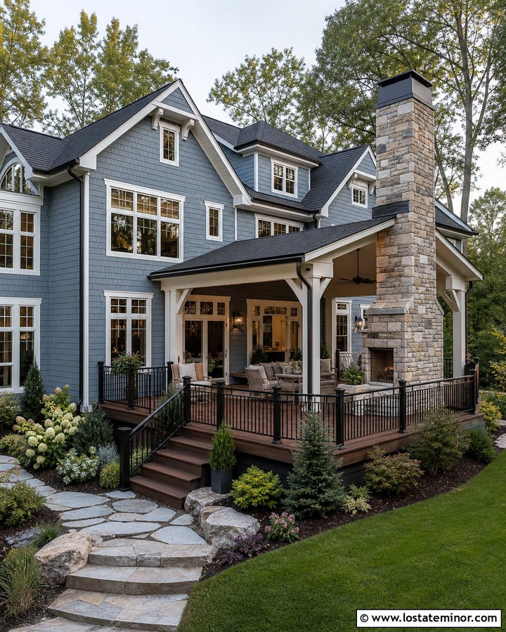 Dusty Blue House With Deck And Stone Fireplace - 30 Dusty Blue House Design With Deck Ideas