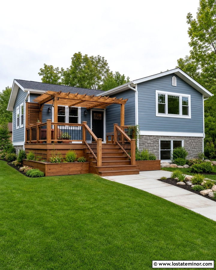 Dusty Blue House With Deck Pergola - 30 Dusty Blue House Design With Pergola Ideas