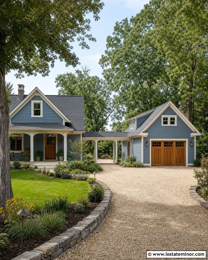Dusty Blue House With Detached Garage Driveway - 30 Dusty Blue House Design With Driveway Ideas