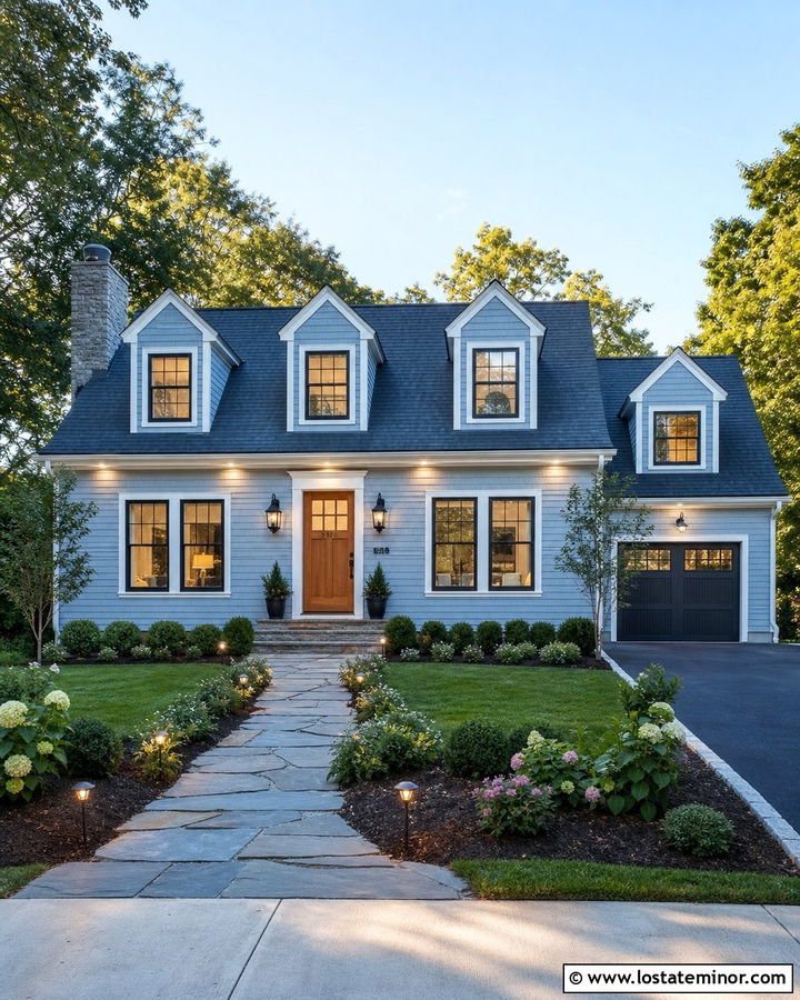 Dusty Blue House With Dormer And Soffit Lighting - 30 Dusty Blue House Design With Lighting Ideas