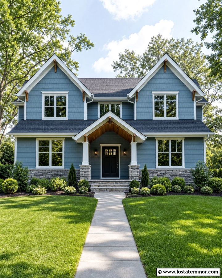 Dusty Blue House With Double Gable Portico - 30 Dusty Blue House Design With Portico Ideas