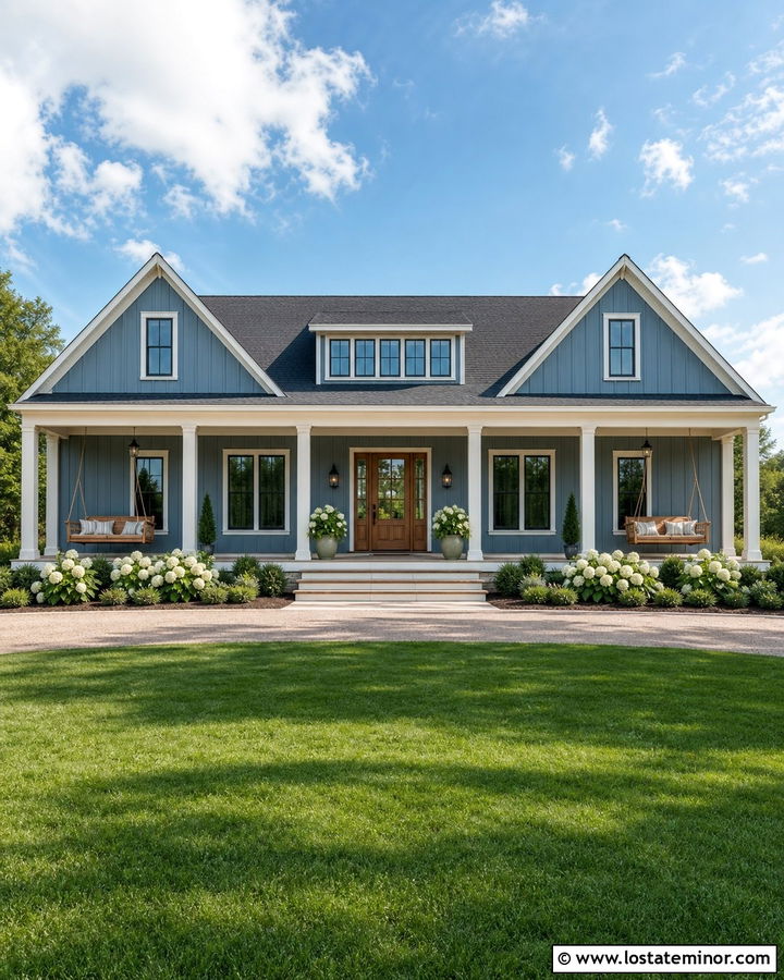 Dusty Blue House With Double Porch Swings - 30 Dusty Blue House Design With Swing Ideas