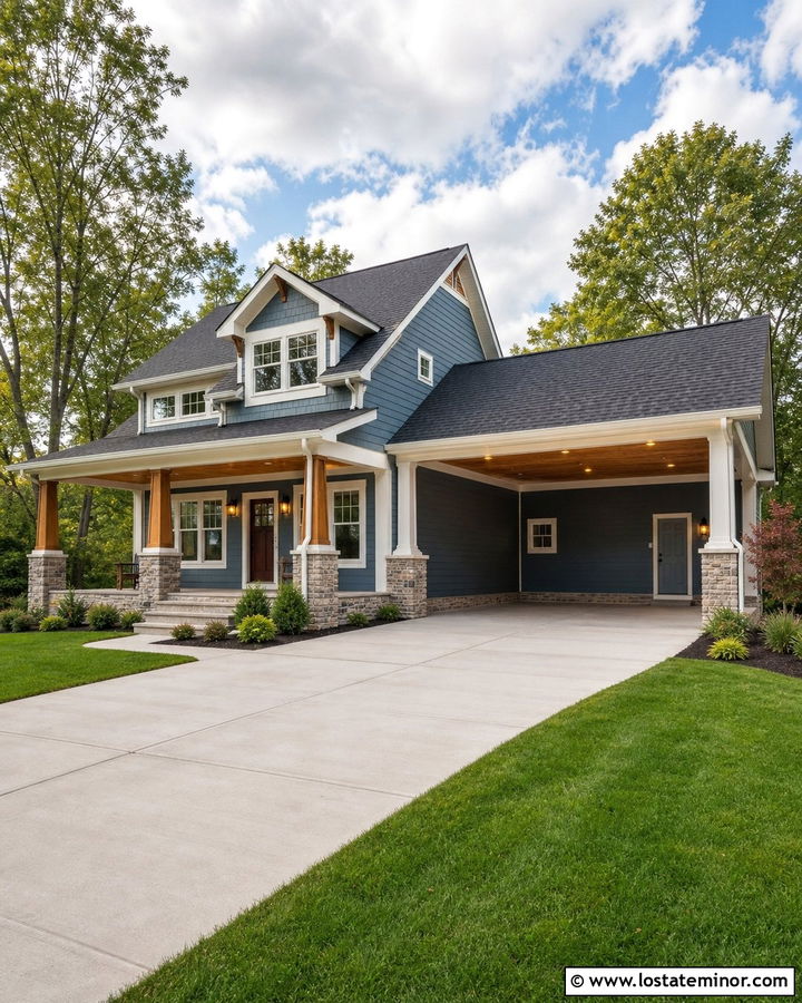 Dusty Blue House With Enclosure Ready Carport - 30 Dusty Blue House Design With Carport Ideas