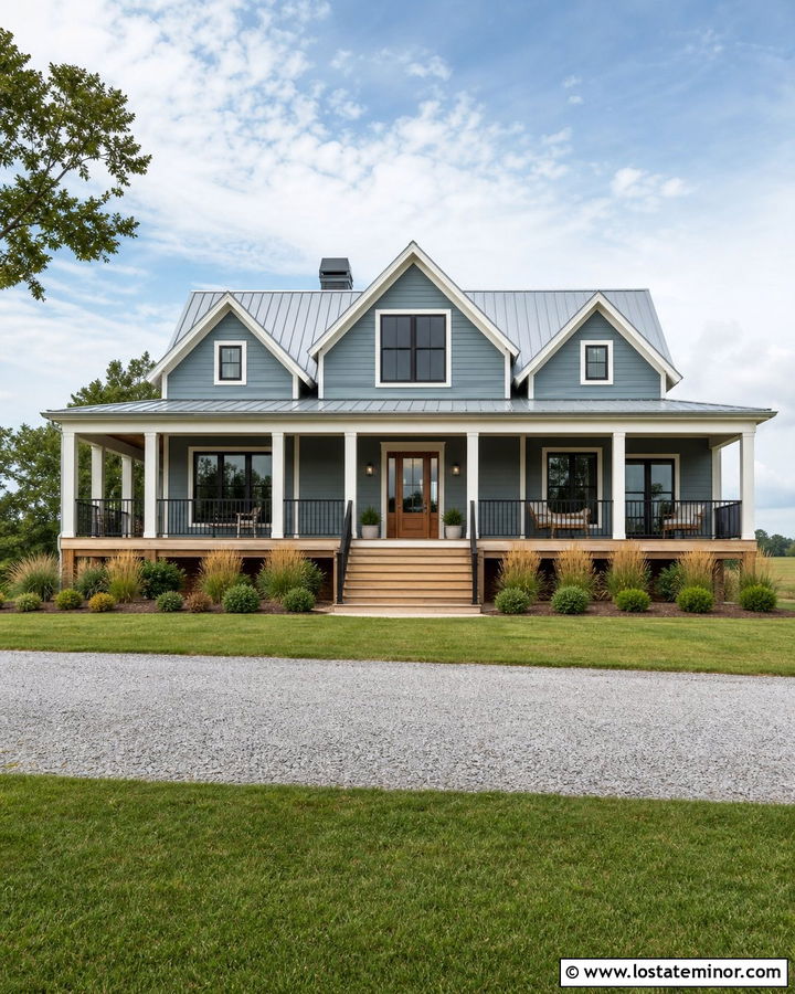 Dusty Blue House With Farmhouse Deck - 30 Dusty Blue House Design With Deck Ideas