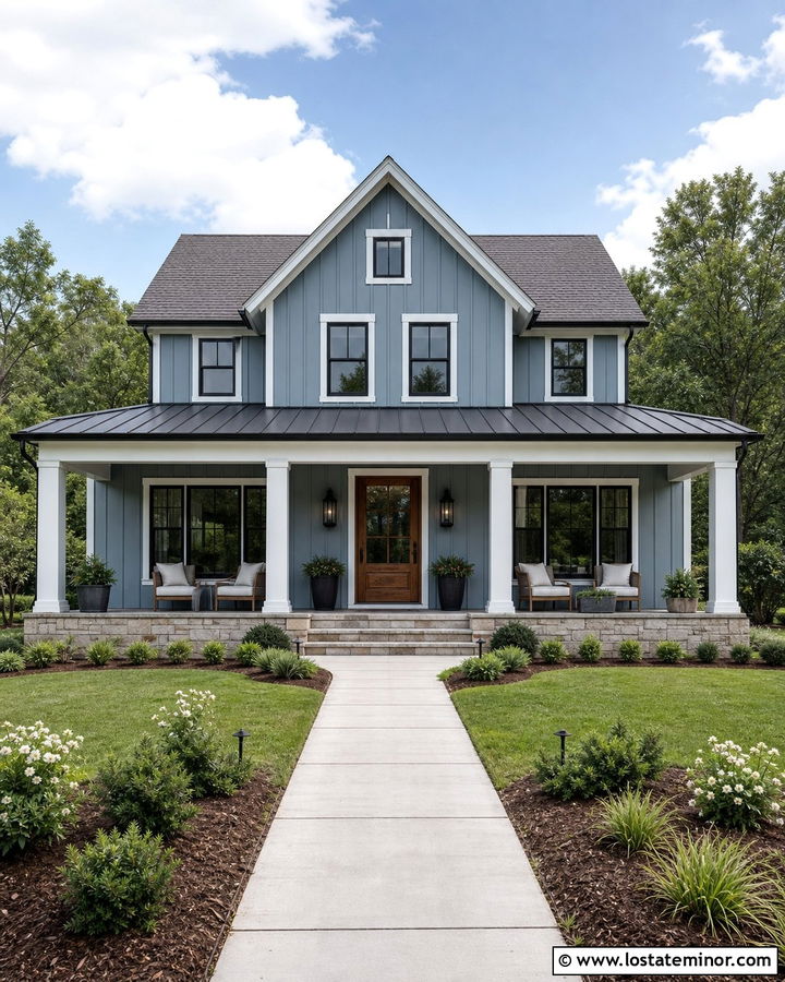 Dusty Blue House With Farmhouse Porch Awning - 30 Dusty Blue House Design With Awning Ideas