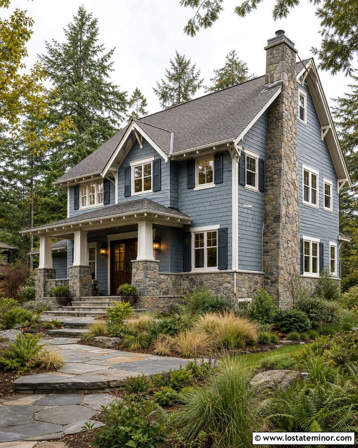 Dusty Blue House With Fieldstone And Shingle Siding - 30 Dusty Blue House Design With Shingles Ideas