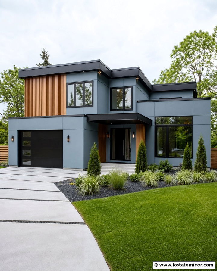 Dusty Blue House With Flat Roof Entry Awning - 30 Dusty Blue House Design With Awning Ideas