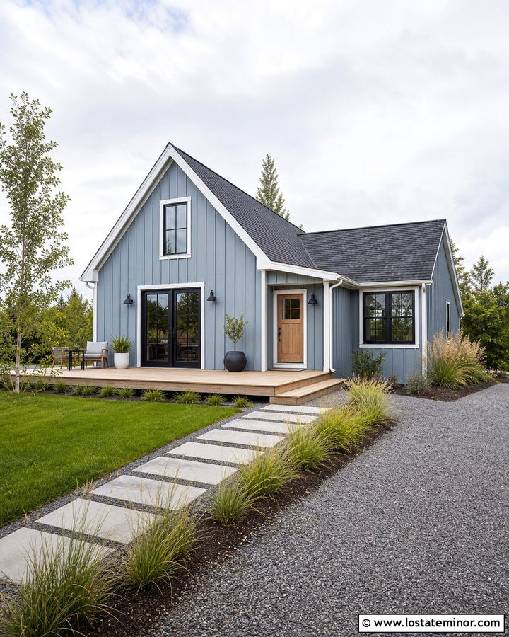Dusty Blue House With Floating Deck - 30 Dusty Blue House Design With Deck Ideas