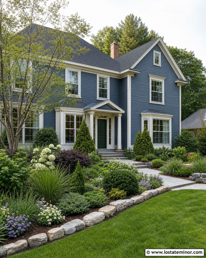 Dusty Blue House With Four Season Landscaping - 30 Dusty Blue House Design With Landscaping Ideas