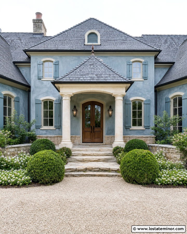 Dusty Blue House With French Country Portico - 30 Dusty Blue House Design With Portico Ideas