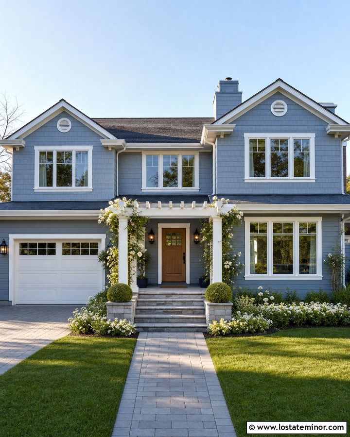 Dusty Blue House With Front Entry Pergola - 30 Dusty Blue House Design With Pergola Ideas
