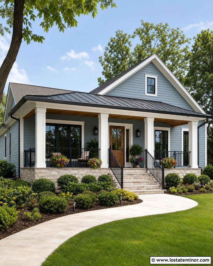 Dusty Blue House With Front Porch Awning - 30 Dusty Blue House Design With Awning Ideas