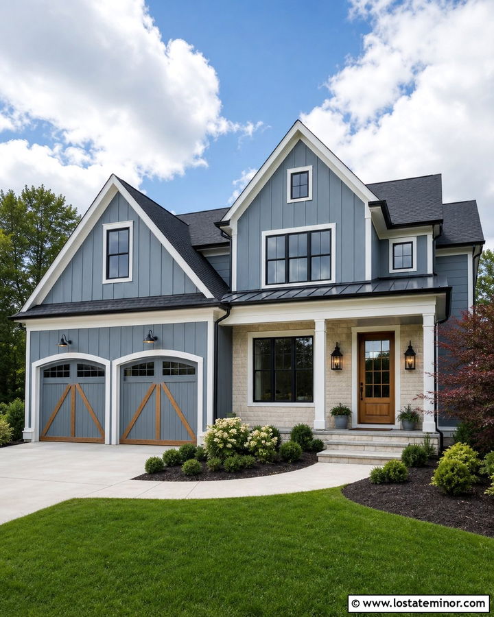 Dusty Blue House With Garage Carriage Lights - 30 Dusty Blue House Design With Light Fixtures Ideas
