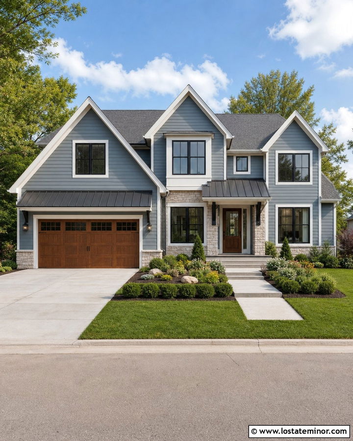 Dusty Blue House With Garage Door Awning - 30 Dusty Blue House Design With Awning Ideas