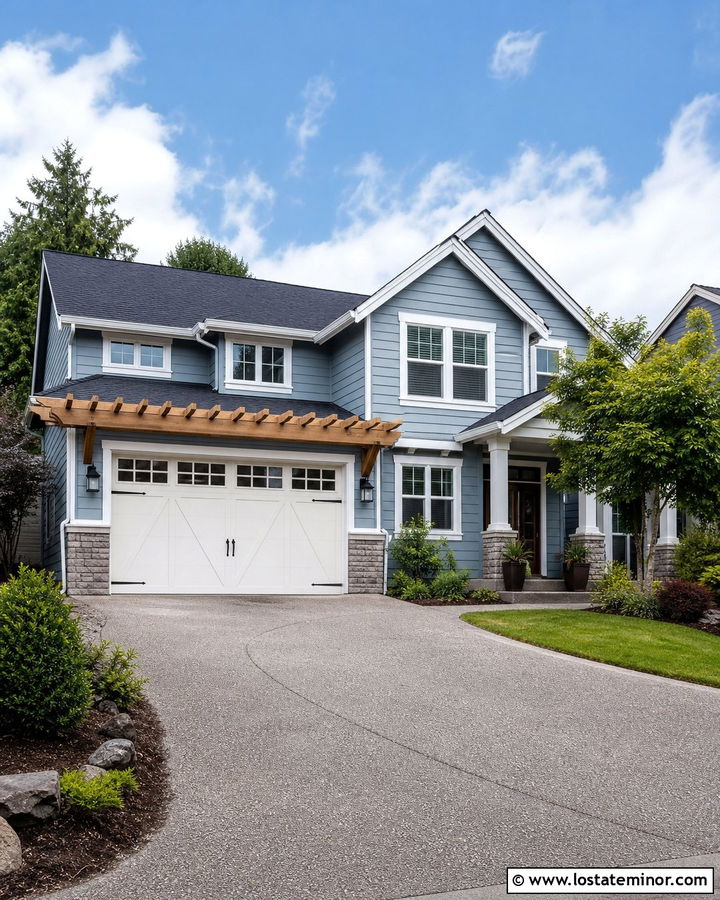 Dusty Blue House With Garage Pergola - 30 Dusty Blue House Design With Pergola Ideas
