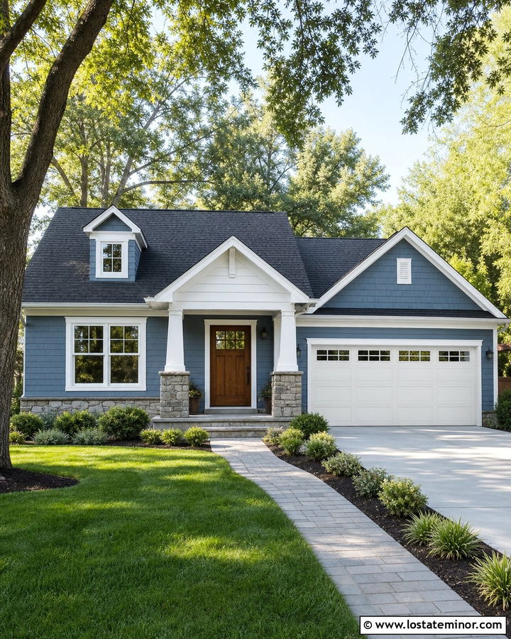 Dusty Blue House With Garage Portico Match - 30 Dusty Blue House Design With Portico Ideas