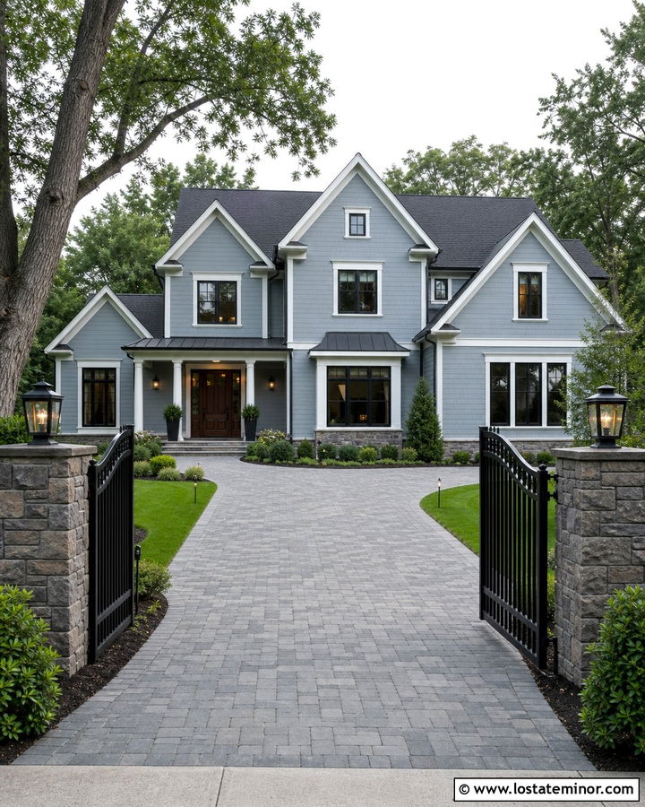 Dusty Blue House With Gated Paver Driveway - 30 Dusty Blue House Design With Driveway Ideas