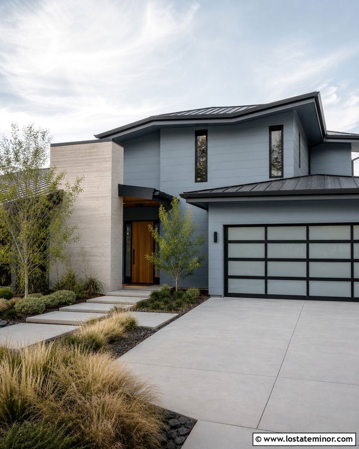 Dusty Blue House With Glass Garage Door - 30 Dusty Blue House Design With Garage Door Ideas