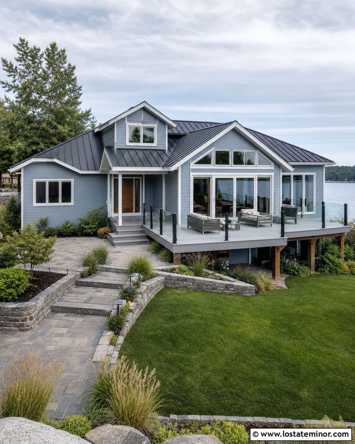 Dusty Blue House With Glass Railing Deck - 30 Dusty Blue House Design With Deck Ideas