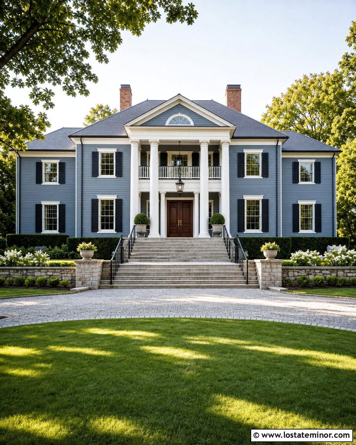 Dusty Blue House With Grand Front Steps - 30 Dusty Blue House Design With Steps Ideas