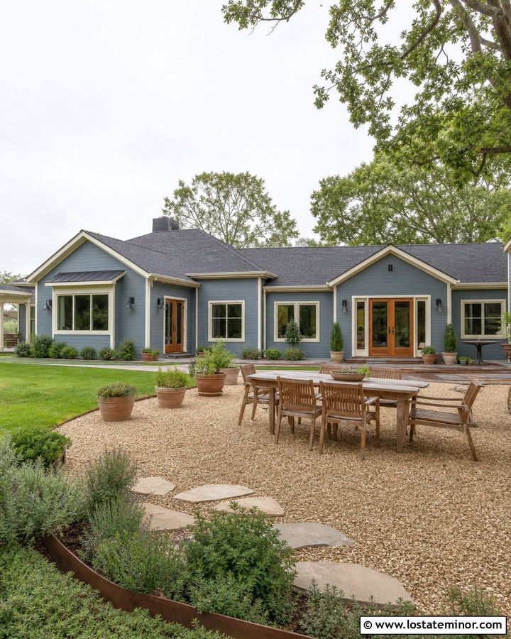 Dusty Blue House With Gravel Courtyard - 30 Dusty Blue House Design With Backyard Ideas