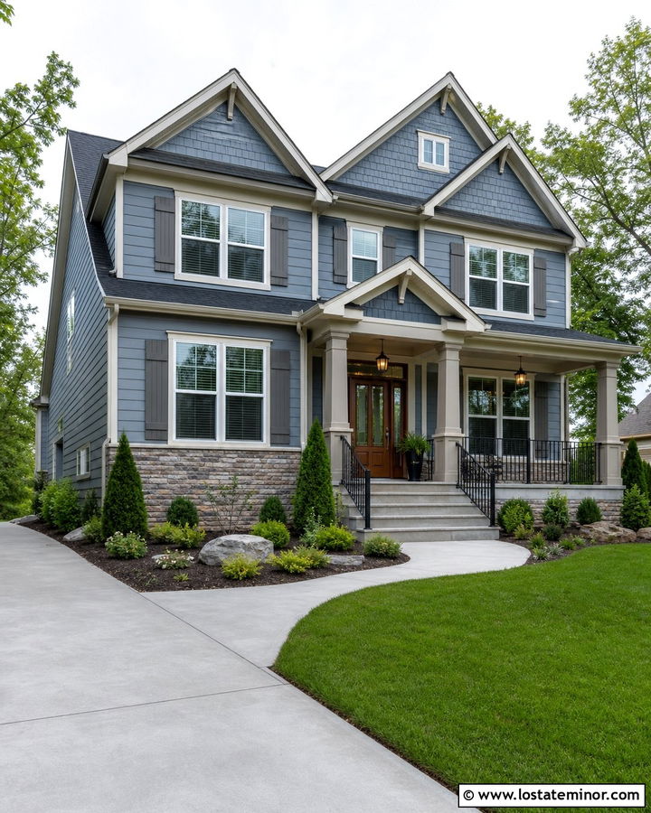 Dusty Blue House With Gray Porch Columns - 30 Dusty Blue House Design With Porch Columns Ideas