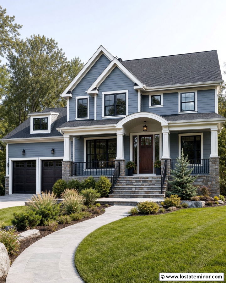 Dusty Blue House With Gray Stone Steps - 30 Dusty Blue House Design With Steps Ideas
