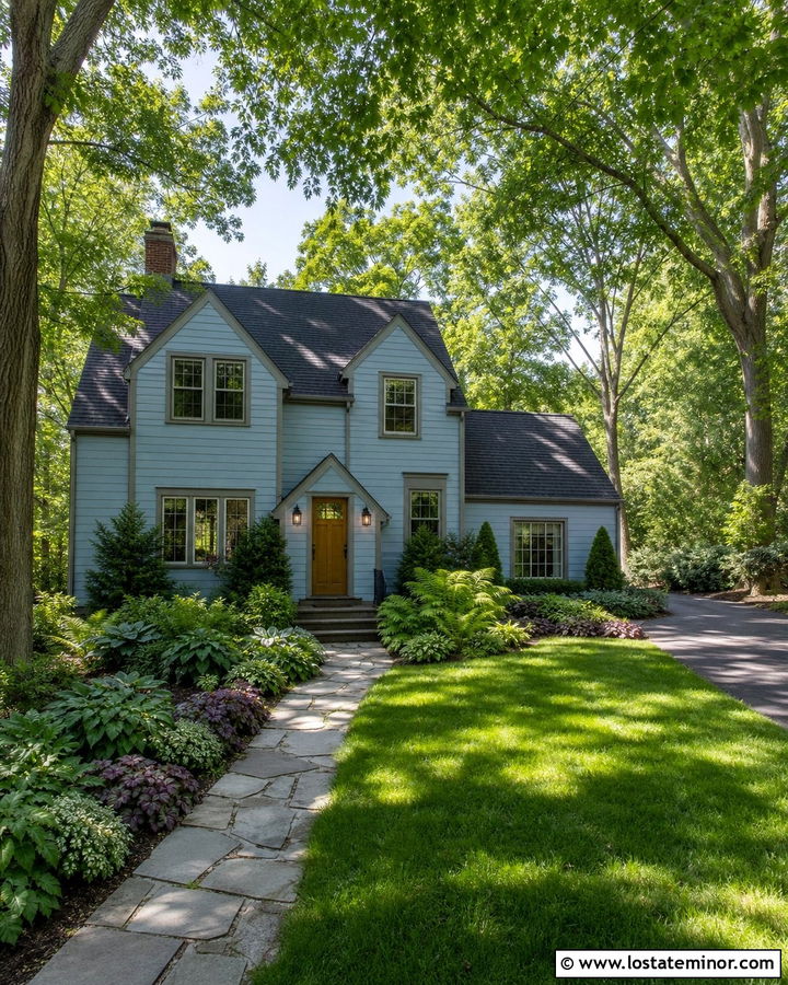 Dusty Blue House With Gray Trim And Shade Front Yard - 30 Dusty Blue House Design With Front Yard Ideas