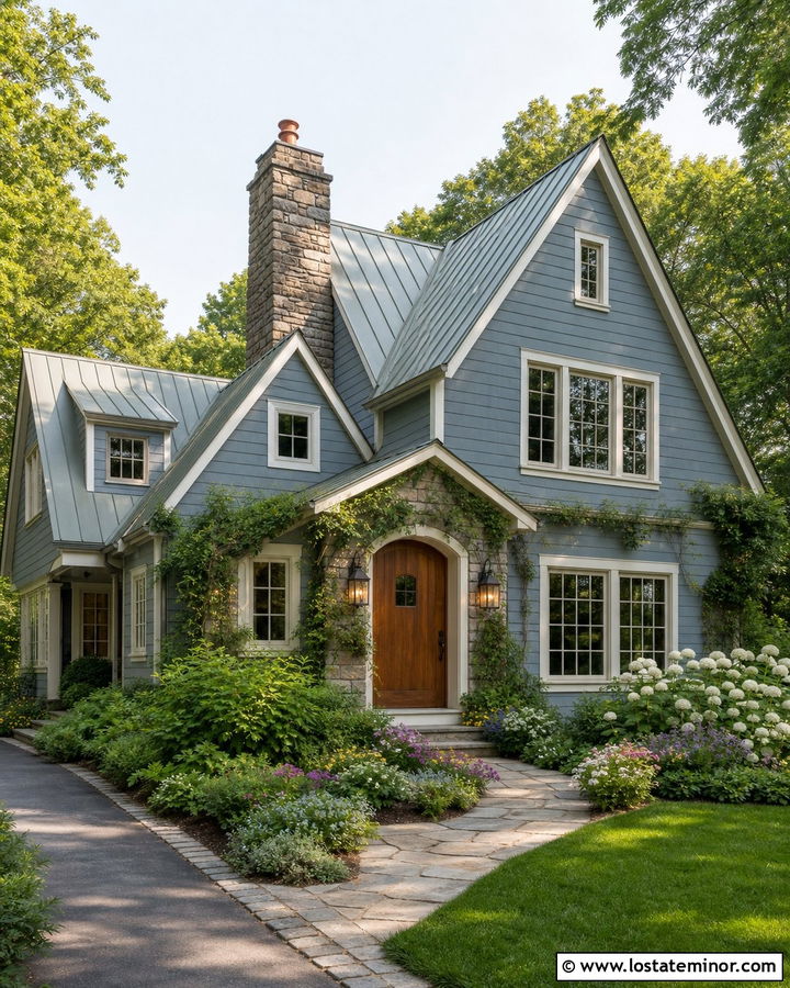 Dusty Blue House With Green Gray Metal Roof - 30 Dusty Blue House Design With Roof Ideas