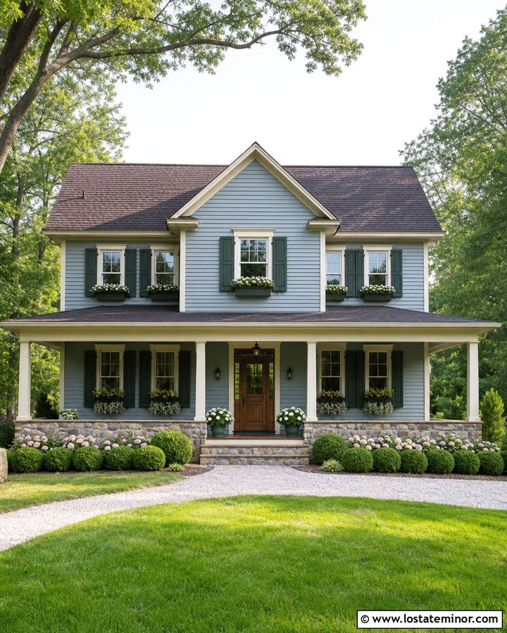 Dusty Blue House With Green Shutters And Window Boxes - 30 Dusty Blue House Design With Window Boxes Ideas